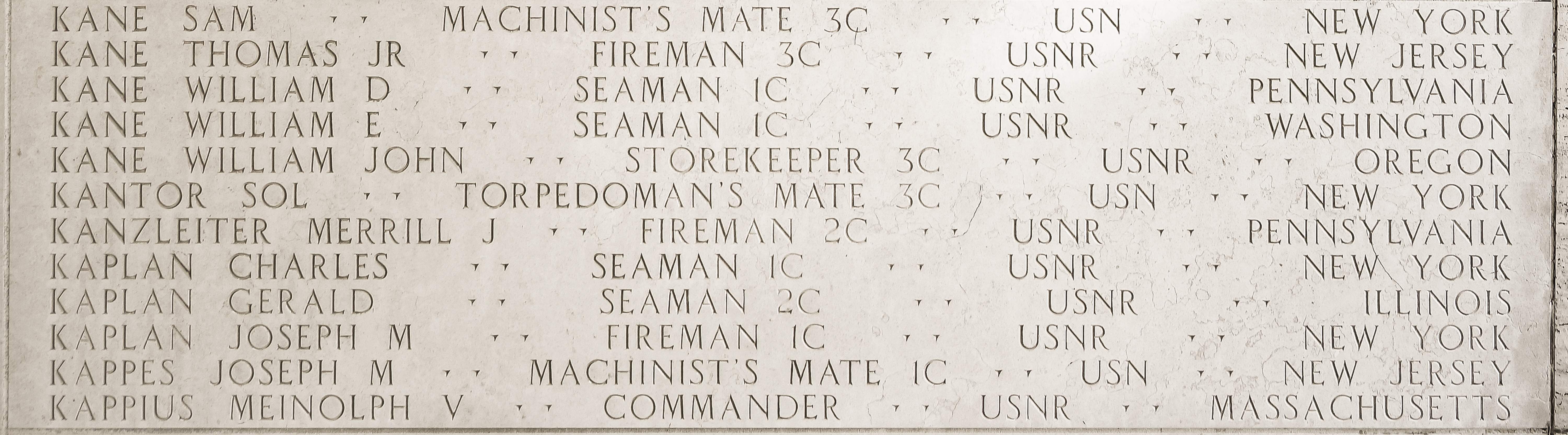 William John Kane, Storekeeper Third Class